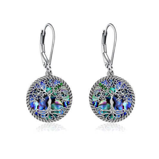 ONEFINITY Tree of Life Earrings Sterling Silver Leverback Tree of Life Abalone Shell Dangle Drop Earrings for Women Jewelry Gifts