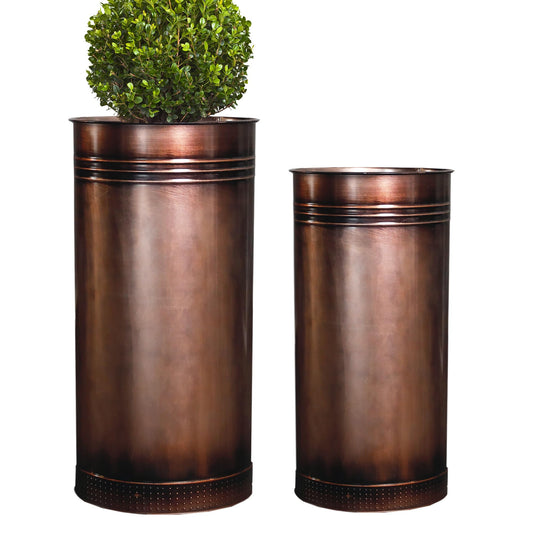 Worth Garden Galvanized Steel Planter 2-Pack - Large:28"x14.5" & Small:24"x12" - Tall Metal Plant Pots - Large Handcrafted Decoration Flower Pot for Indoor Outdoor, Deck, Patio, Front Porch - Bronze