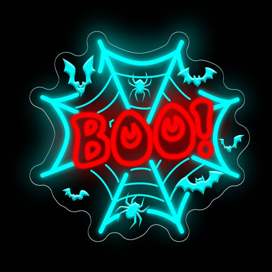 Boo Neon Sign Halloween Decors Spider Web LED Light Bats Decors Boo Dripping Sign Spooky Haunted House Party Wall Art, Ice Blue+Red, 13.8"x13.2"