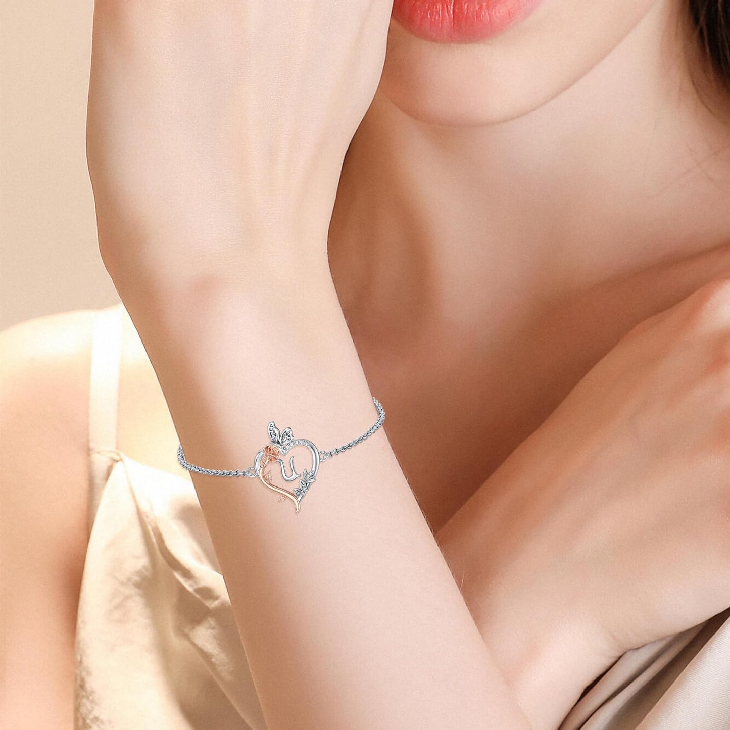 TOUPOP Rose Heart Bracelet for Women Sterling Silver Heart Initial U Letter Bracelet Butterfly Love Jewelry Anniversary Birthday Mothers Day Gifts for Mom Wife Her Girlfriend