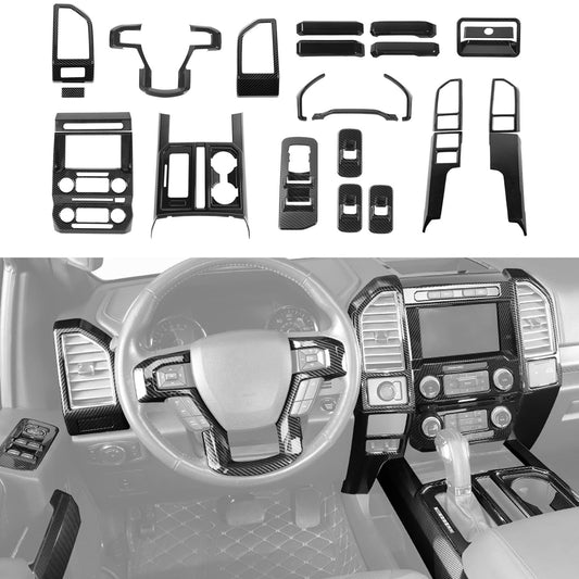 CheroCar 25PCS Carbon Fiber Interior Decoration Trim Kit Fit for 2015-2020 Ford F150 Central Control GPS Navigation & Window Lift & Dashboard & Emergency Light Switch Cover Panel Interior Decoration