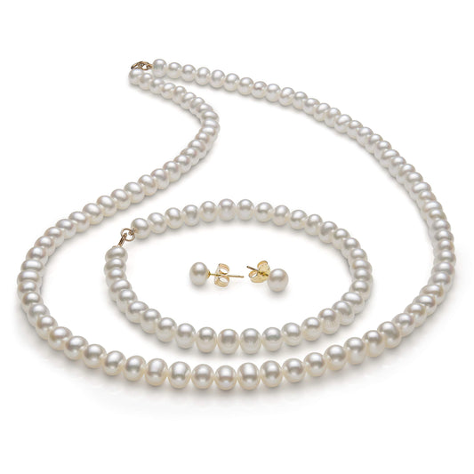Belacqua 14K Gold 5.0-6.0mm Freshwater Pearl 18" Necklace Bracelet Stud Earrings Set for Women | Jewelry for Her | Gift Box Included