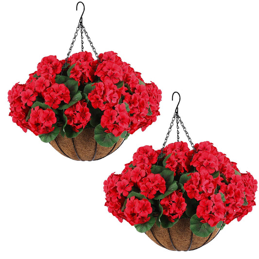 Hananona 2 Set Artificial Red Geraniums Flowers for Outdoors with Hanging Baskets, 2 Hanging Planters with 12 Pcs Red Geranium Flowers for Christmas Front Porch Garden Patio Home Decor (2, Red)