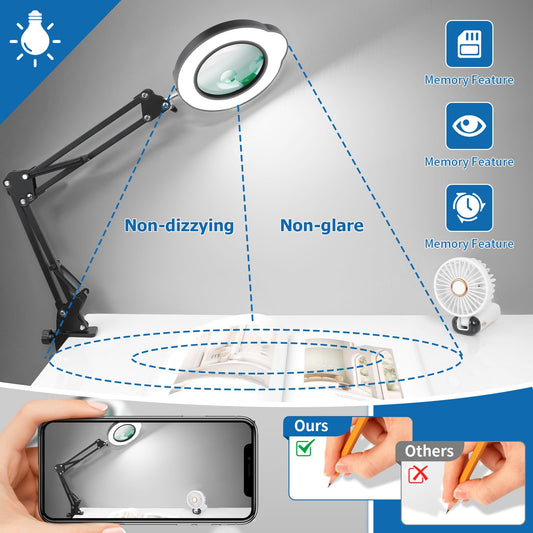 15X 30X Magnifying Glass with Light and Stand, LED Desk Lamp with Base and Clamp, 5 Color Mode, 10 Dimmable Levels, Hands-Free Magnifying Glasses for Close Work, Reading, Crafts, Jewelry