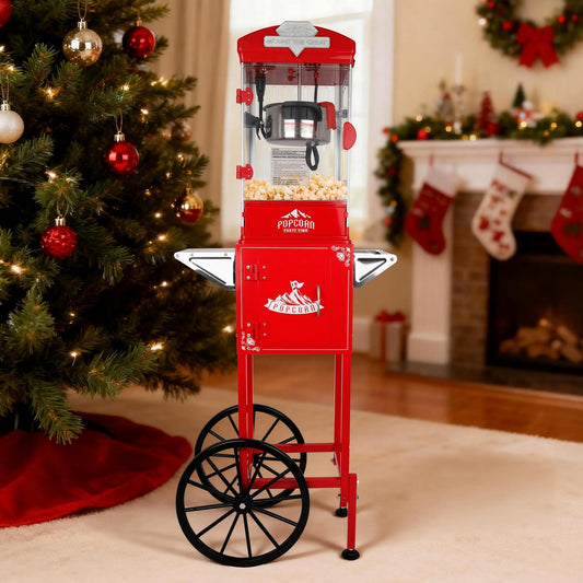 10oz Popcorn Machine with Cart, Wheels & Stainless Steel Kettle, 110v/480w, Vintage Movie Theater Style, Popcorn Maker Machine for Parties, Events, Home & Commercial Use, Red