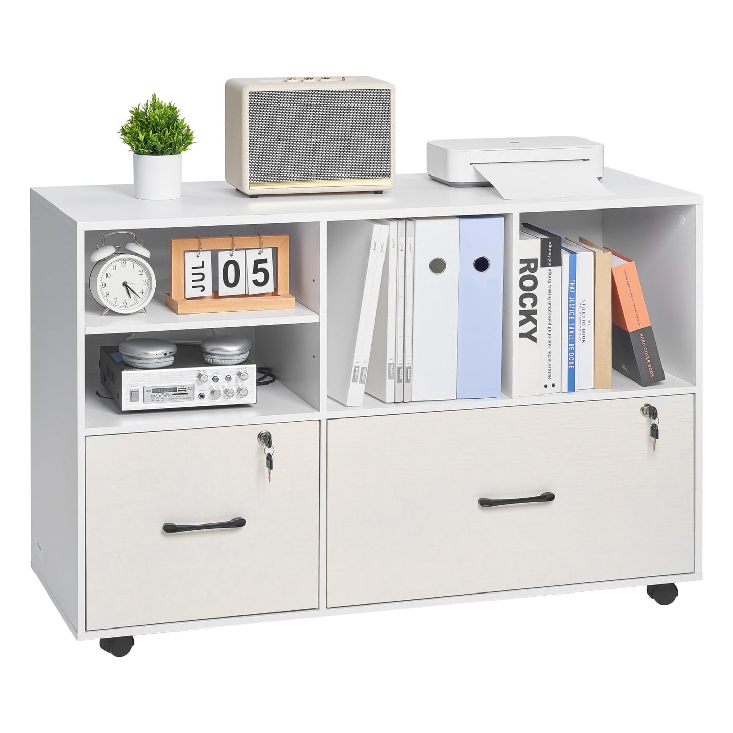 VEVOR 2 Drawer Wooden File Cabinet, Mobile Filing Cabinet with Open Shelves, Lockable Lateral Rolling File Storage with Adjustable Shelves, Free Standing Printer Stand for Home Office School, White