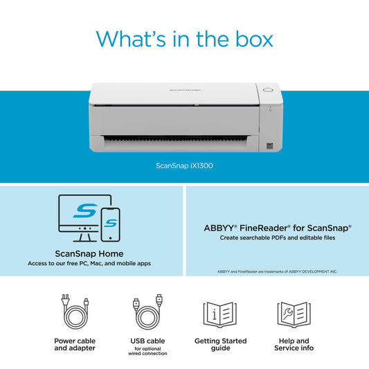 ScanSnap iX1300 Compact Wireless or USB Double-Sided Color Document, Photo & Receipt Scanner with Auto Document Feeder and Manual Feeder for Mac or PC, White