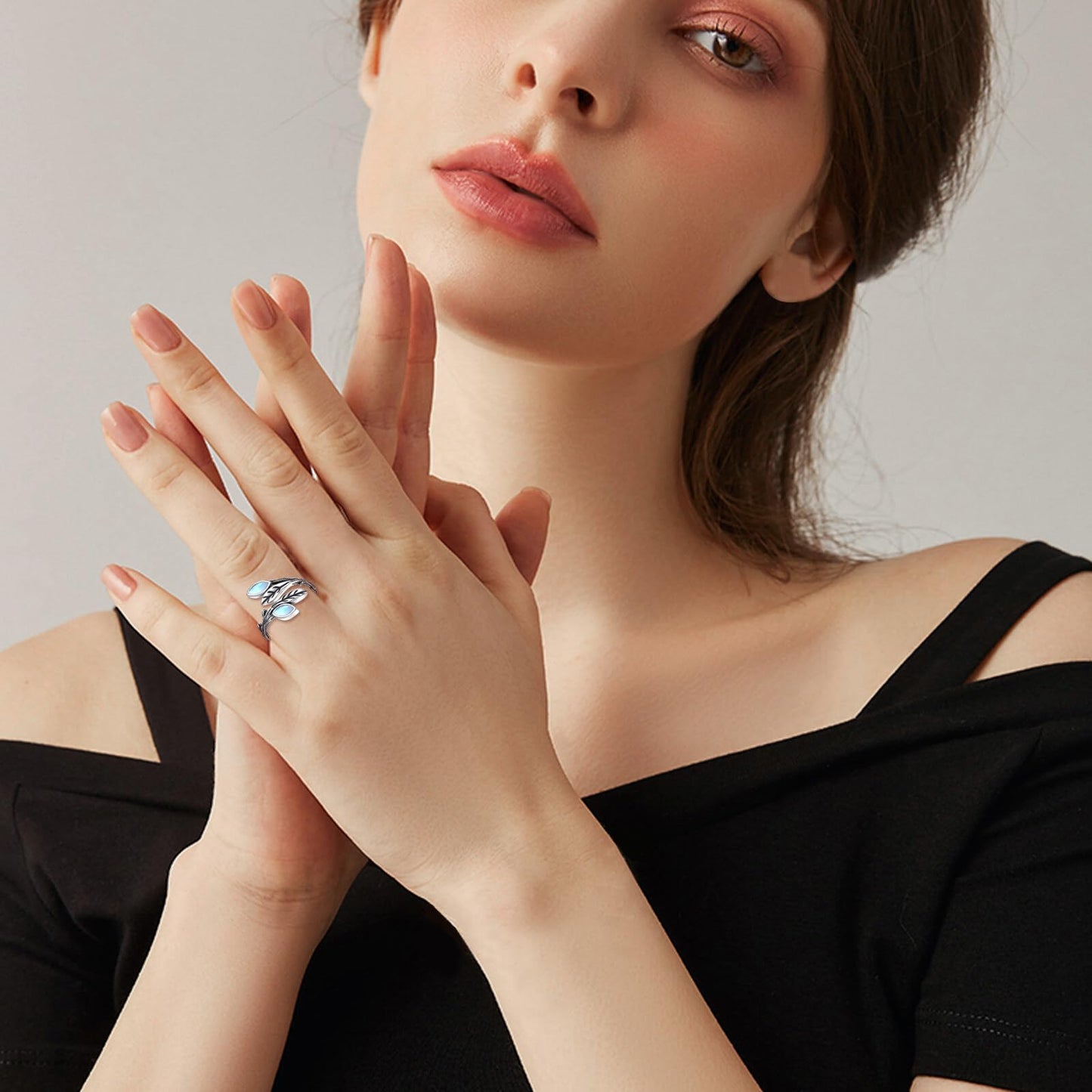 POPLYKE Leaf Moonstone Ring Sterling Silver Boho Adjustable Open Ring Gemstone Spoon Ring Vintage Thumb Rings for Women