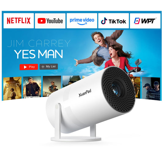 [Officially-Licensed App & Electric Focus]Snow White Smart Mini Projector with WiFi and Bluetooth, XuanPad 4K Support Movie Projector, Portable Native 1080P Outdoor Projector with 360° Stand