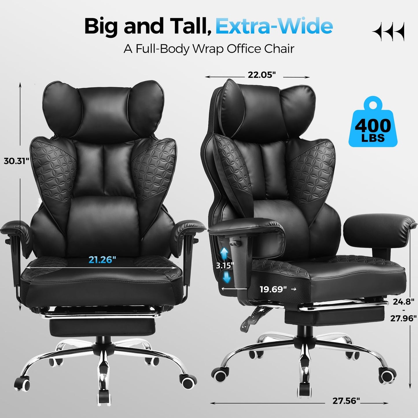 GTRACING Big and Tall Gaming Chair 400lbs Heavy Duty Office Chair with Foot Rest & Ergonomic Pocket Spring Lumbar Support, High Back 3D Saddle Shaped Cushion for Back Pain Relief, Matte-Black