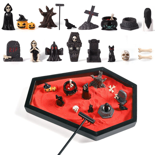 Coffin Zen Garden for Desk,Mini Zen Garden Kit Goth Accessories for Office Spooky Witchy Fantasy Whimsigoth Home Room Decor,Halloween Miniatures Town Village Horror Figurines Decorations Gift