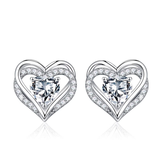 Iefil Earrings for Women, 925 Sterling Silver April Birthstone White Topaz Heart Stud Earrings for Women