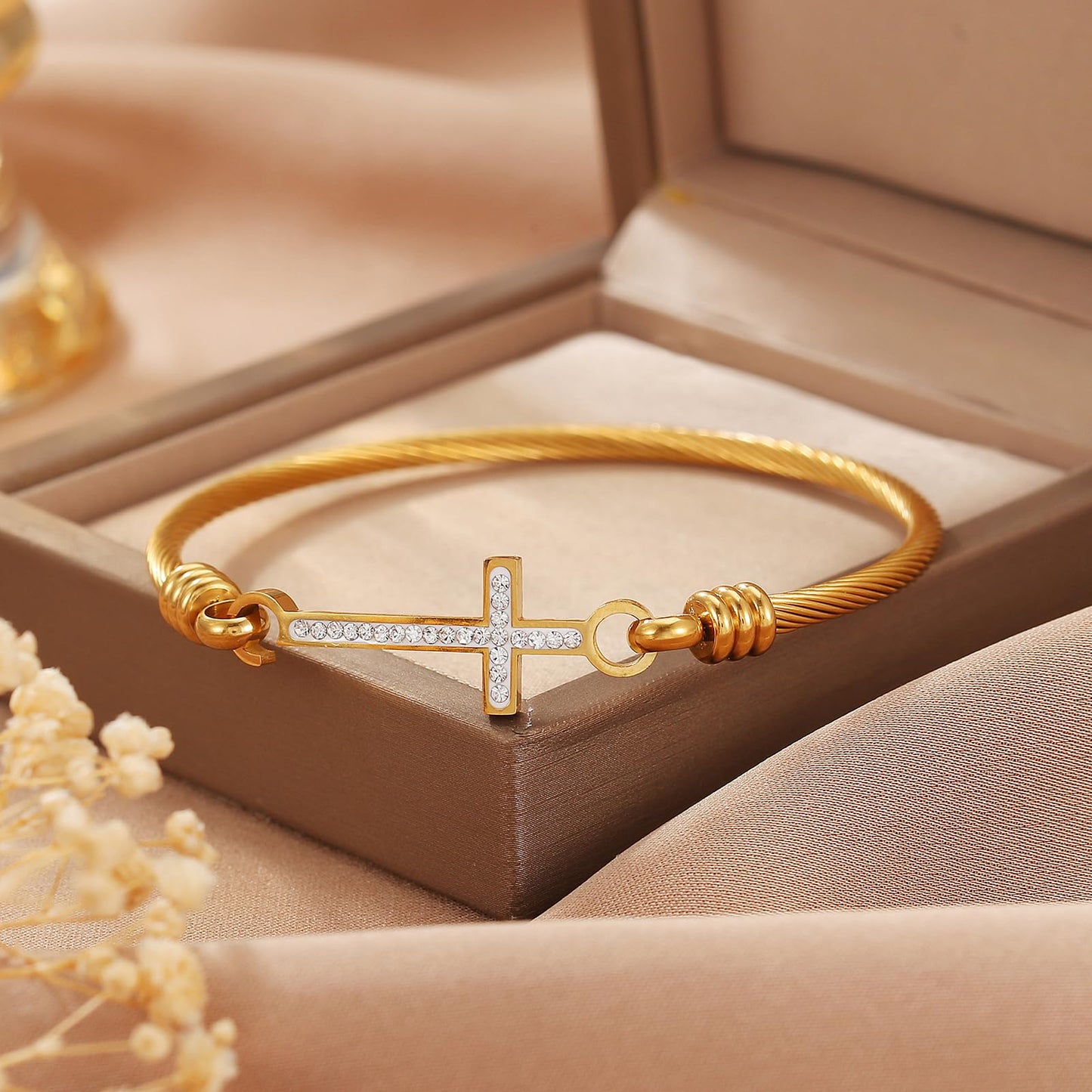 DS Religious Gift for Her Christian Cross Bracelet Bible Verse God is Within Her She Will Not Fall Inspirational Bracelets For Women Stainless Steel Jewelry Gift To Daughter Best Friend (Cross bracelet-Gold 11)