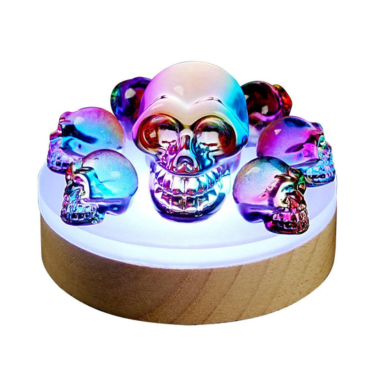 Crystal Skull Night Light with K9 Rainbow Skull , RGB LED Lighting &Wood color design Base Gift Box 7 Vibrant Color Changes,Gift for Halloween, Christmas, and Home Decor 6+1 Rainbow Crystal Skull