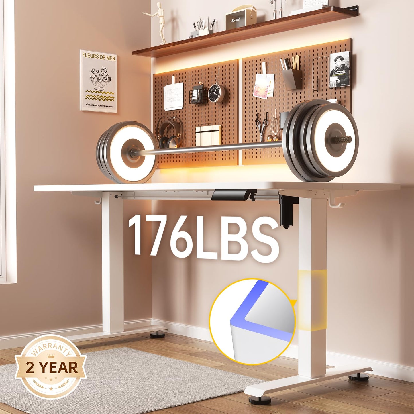 Veken 47.2 Inch Large Electric Standing Desk, Heights Adjustable, Sit to Stand Up, Work Home Office Computer Table for Study, Walking Pad, Writing, and Games, Wooden Desktop Desks, White