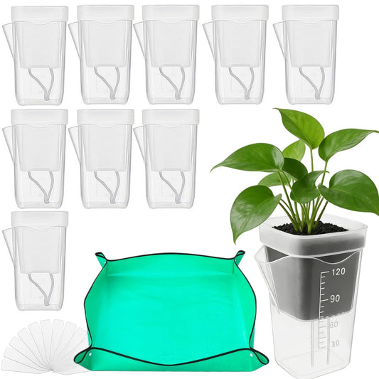 10 Pack 2" Mini Self Watering Pots for Indoor Plants, Small Self Watering Nursery Pots with Drainage Holes, Clear Plastic Plant Pots for Succulents, Cuttings, Herbs (Incl. 50x50cm Gardening Mat)