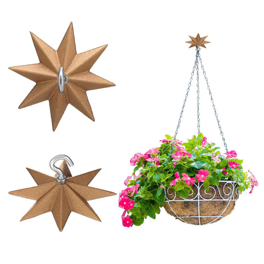 LEIFIDE 2 Pcs 4.25'' Wall Mount Ceiling Hooks Plant Hooks for Ceiling Metal Plant Bracket Iron Wall Hook for Hanging Plants, Lights, Outdoor Wire and Wind Chimes, Bronze (Whimsical Star Style)