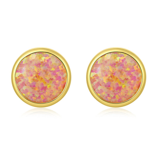JiayangJY Silver Red Fire Opal Stud Earrings for Women 18K Yellow Gold Plated Sterling Silver Round Shape 6mm Opal Earrings with Push Back