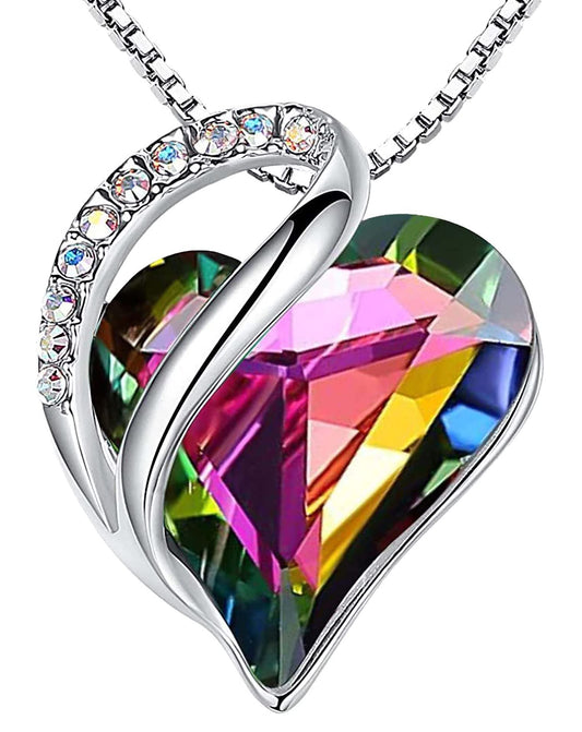 Leafael Mothers Day Gift Necklaces for Women, Infinity Love Heart Pendant with Rainbow Black Healing Crystal for Protection, Birthday Jewelry for Her, Mom, and Wife, Silver Plated, 18" + 2" Chain
