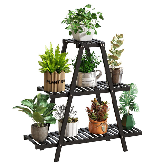 GHWIE Plant Stand Indoor Plant Shelf Outdoor bamboo Plant Rack, 3 Tiers Ladder Plant Holder Flower Stand for Living Room Balcony Garden Patio,Living Room Boho Home Decor for Gardening Gifts (Black)
