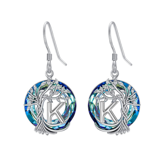 TOUPOP Tree of Life Initial Earrings Sterling Silver Initial K Letter Drop Dangle Earrings Blue Circle Crystal Family Tree Jewelry Birthday Mothers Day Gifts for Women Mom Her