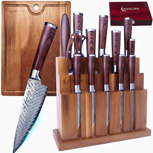 ChefHoablorn Damascus Knife Block Set – Premium 20-Piece Chef Knife Set with Extra Cutting Board & Wine Corkscrew, High Carbon Stainless Steel, Elegant Housewarming Gift