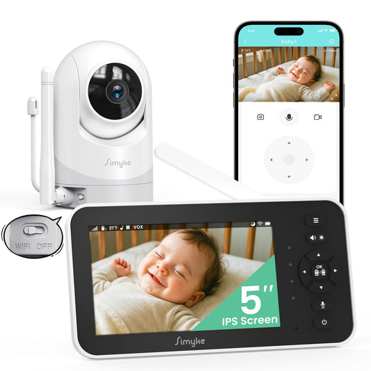 Simyke Video Baby Monitor with Camera and Audio,5inch Screen,720P,No Wifi or Free Smartphone App Mode,Remote Pan/Tilt/Zoom Camera,Lullabies,Feeding Remind,Night Vision,VOX,2-Way Talk,1500ft long Range