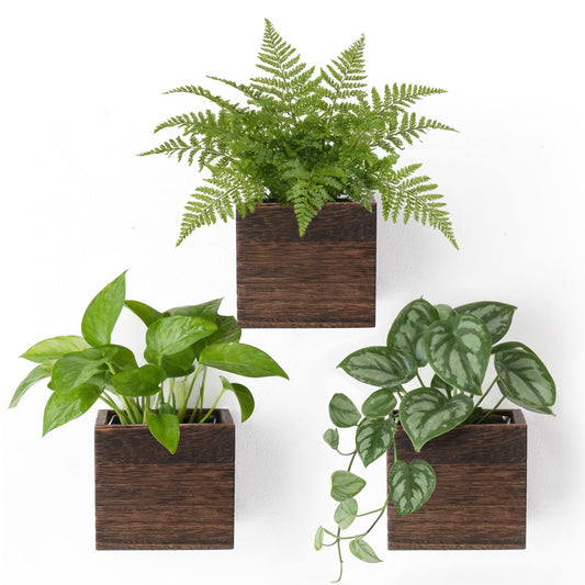 Dahey Small 4 Inch Wood Wall Hanging Planter Boxes for Indoor Plants 3 Pcs Square Rustic Farmhouse Wall Mounted Flower Pot Vases with Plastic Liner for Garden Home Centerpiece Decor(No Plant Included)