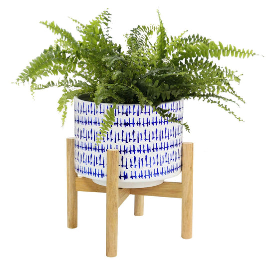 LA JOLIE MUSE Blue Planter with Stand - 7.3 Inch Retro Round Decorative Flower Pot Indoor with Wood Planter Holder, Blue and White, Home Decor Gift