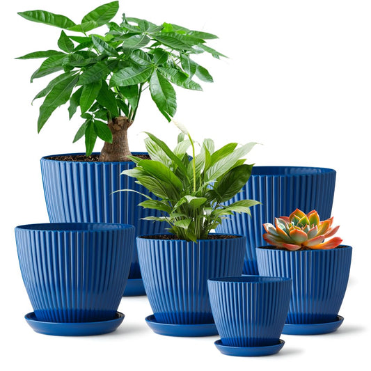 RooTrimmer 7.5/6.5/5.5/4.9/4.2/3.5 Inch Plant Pots with Saucers & Drain Holes - Indoor/Outdoor Flower Pots for Succulents, Herbs, Cactus - Modern Lightweight Durable Planter Set, Blue