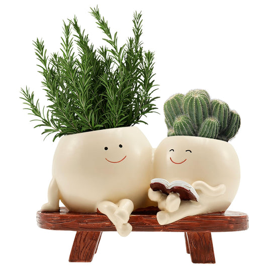 Smily Face Plant Pot, Cute Resin Double Head Planter with Drainage Hole, Novelty Design Chair Succuent Flower Pot, Modern Lady Head Vase Girl Face Planter, Desk Decor Planter for Home or Garden Décor