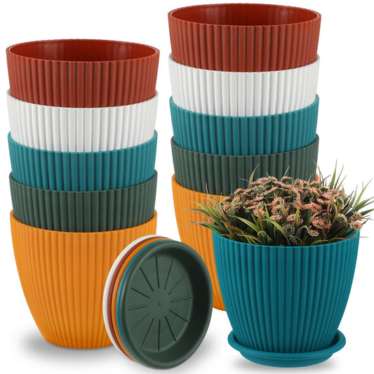 Suclain 10 Pack 6 Inch Plant Pots with Drainage Hole and Tray Saucer Plastic Flower Pots for Indoor Plants for Your Room, Office, Garden Decor(Vertical Stripe)