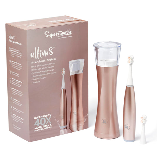 SuperMouth® ULTIM8 SmartBrush™ System - Electric Toothbrush, Patented SuperBristles® Clean 40X Better, UV Sanitizing & Drying SmartHub®, Dual Sonic Modes, Pressure Sensor - Teens & Adults - Rose Gold