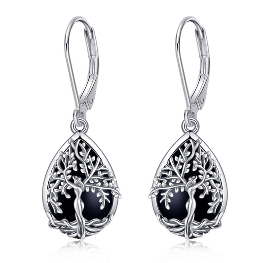 ONEFINITY Tree of Life Earrings Sterling Silver Black Tourmaline Tree of Life Dangle Drop Earrings Teardrop Black Tourmaline Jewelry for Women