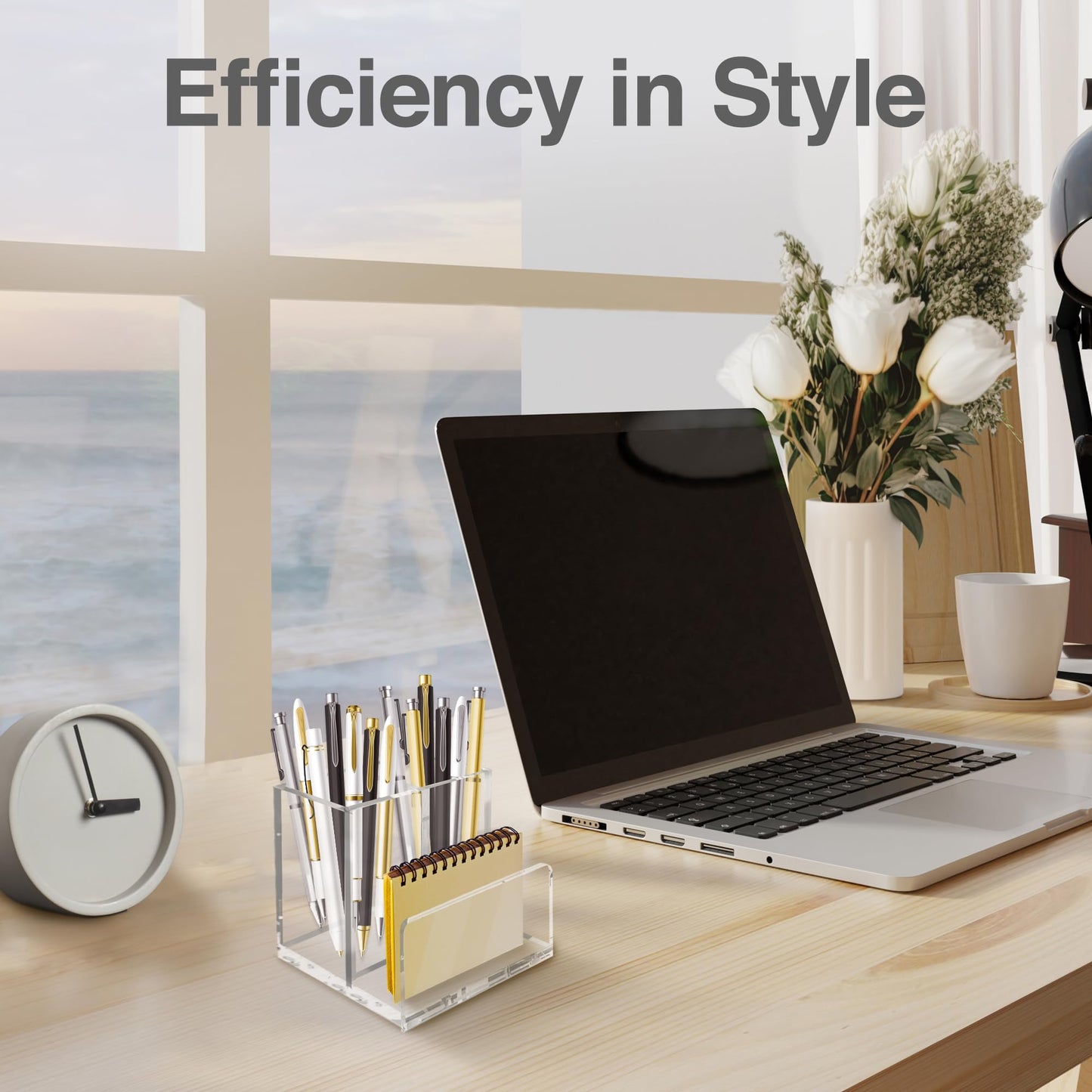 CLASSIC ACRYLIC Pen Organizer for Desk-A Modern Desk Accessory w/a Removable Divider is Great as a Pen & Makeup Brush Holder-This Chic Acrylic Storage Stand Makes a Great Gift for Home/Work Space