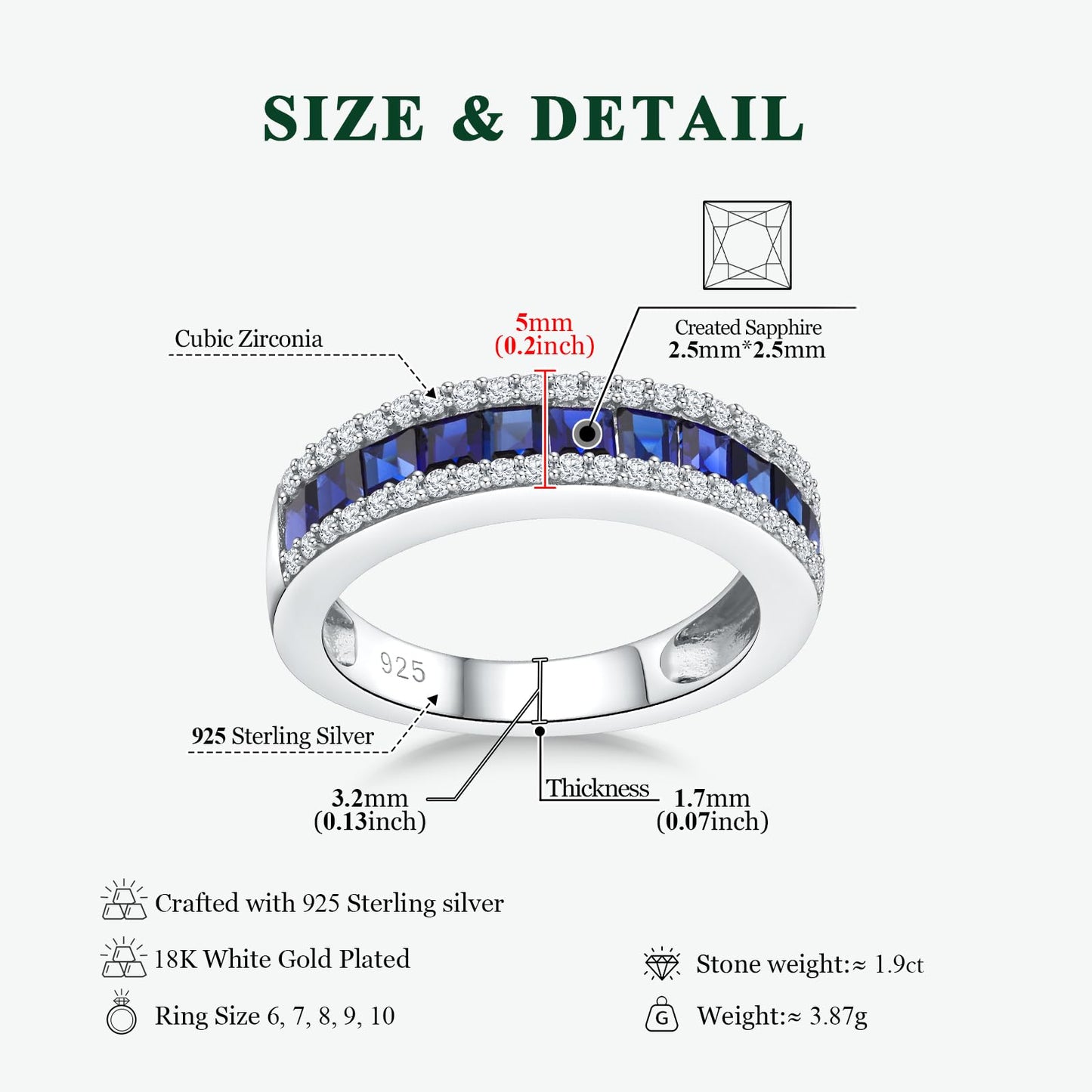 RANDES Blue Sapphire Eternity Ring Bands for Women Men 925 Sterling Silver Princess Cut Engagement Ring Anniversary Band Size 9.5