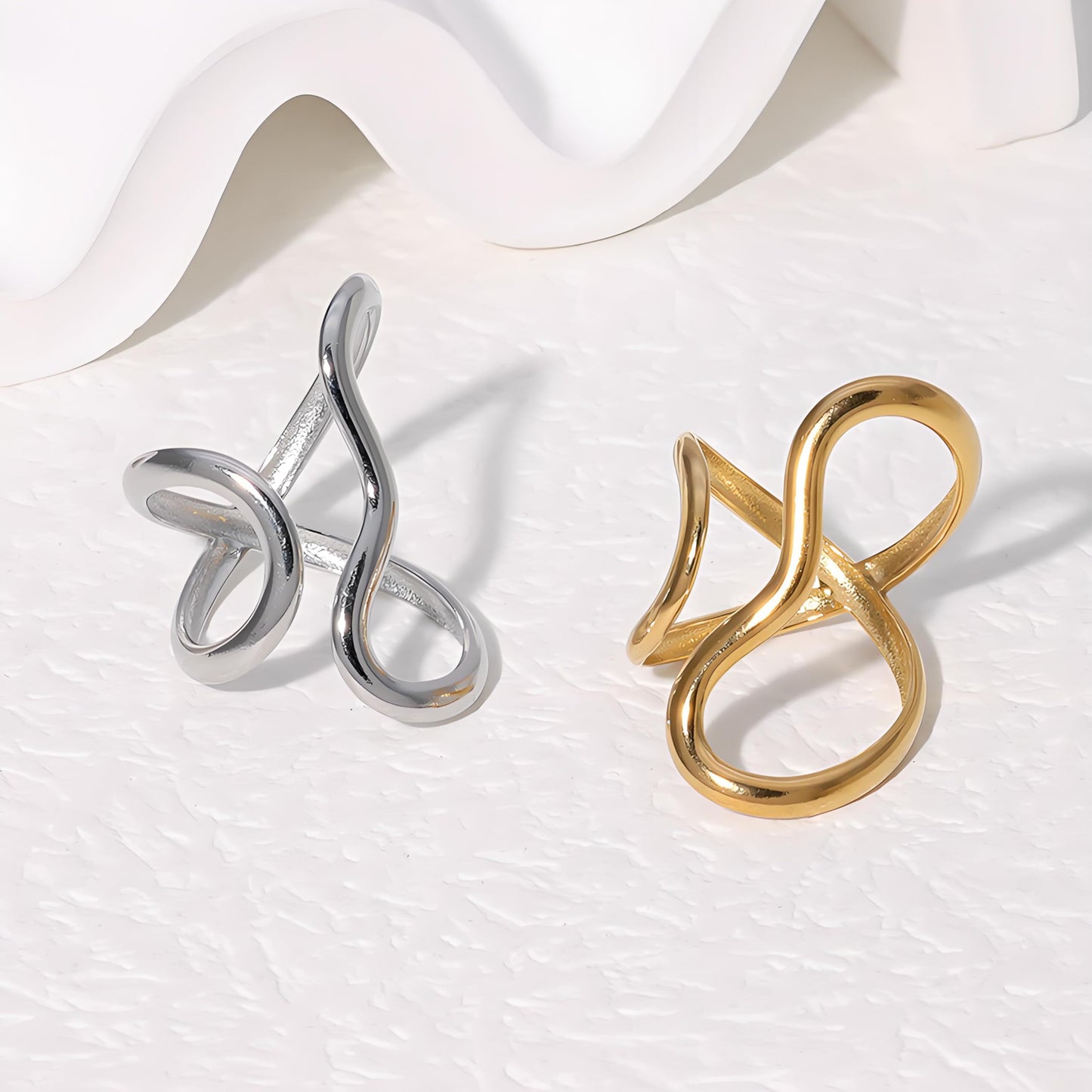 AIETUE Chunky Rings For Women, Gold Silver Thumb Ring Asymmetrical Wavy Curve Ring Adjustable Non Tarnish Dainty Stainless Steel New Year Anniversary Birthday Jewelry Gift (Wavy Gold+Silver)