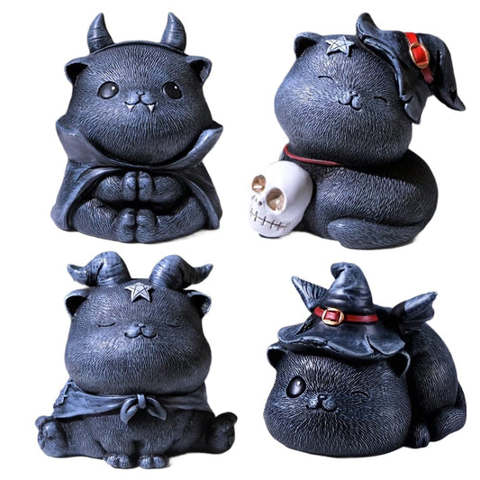 4PCS Black Cat Statue Gothic Black Cat Figurine Halloween Gothic Cat Accessories Satanic Decor Hand-Painted Polyresin Cats Pentagram Sign, Office Home Desktop Ornaments, Gifts for Cat Lovers (A SET)