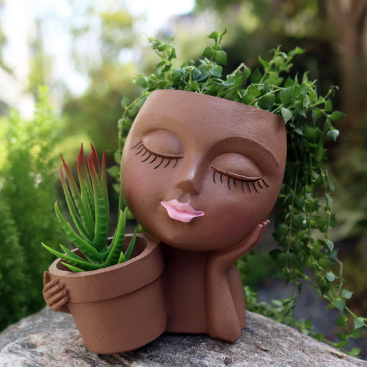 Dolkgy Face Flower Pot Head Planter, Face Planter Black Woman Unique Planters for Indoor Outdoor Plants, Novelty Plant Pots Lady Head Vase with Drainage Hole for Home Garden Succulents Cactus
