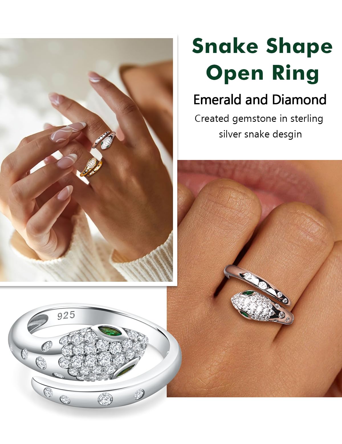 RANDES 925 Sterling Silver Snake Ring for Women White Gold Plated Fashion Punk Rings Adjustable Open Emerald CZ Animal Snake Finger Ring Size 8