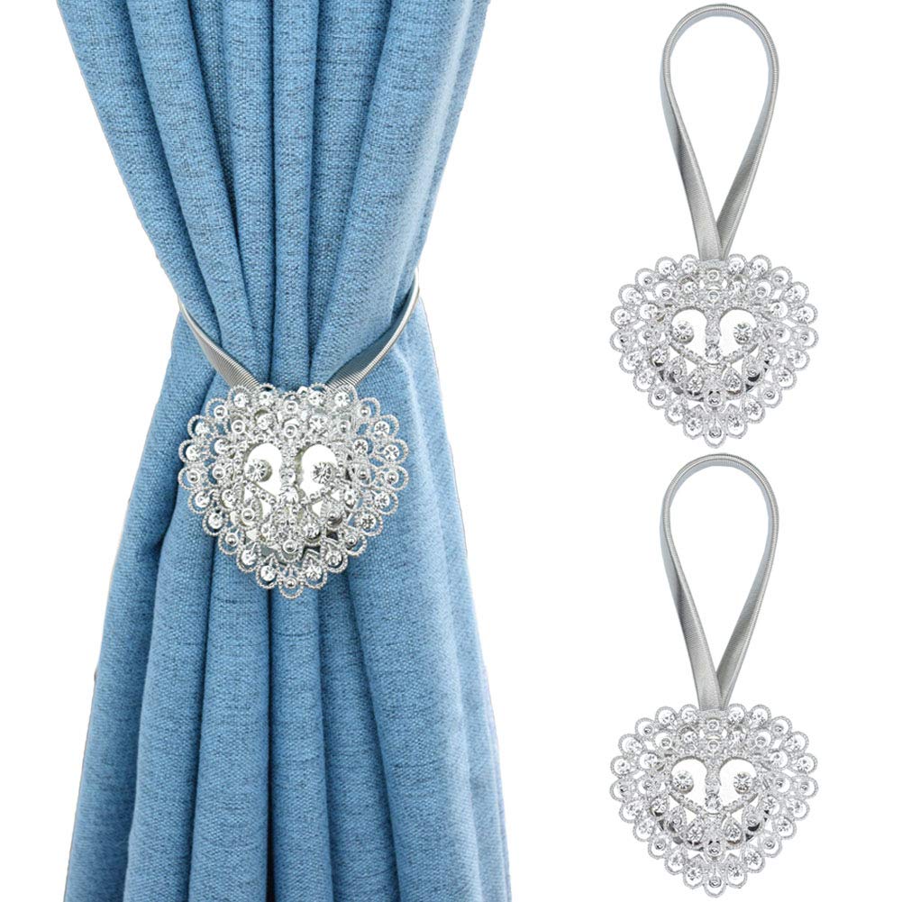 2PCS Curtain Tiebacks Buckle Magnetic Clips No Drilling Drapery Holdbacks Holders with Stainless Spring Wire Rope for Bedroom,Living-Rooms,Office Decoration,Silvery
