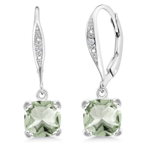 Gem Stone King Drop Dangle Earrings For Women | 7MM Cushion Cut Gemstone Birthstone and Diamond | 925 Sterling Silver | Jewelry Gift for Mom Wife Her | Prasiolite | Sterling Silver