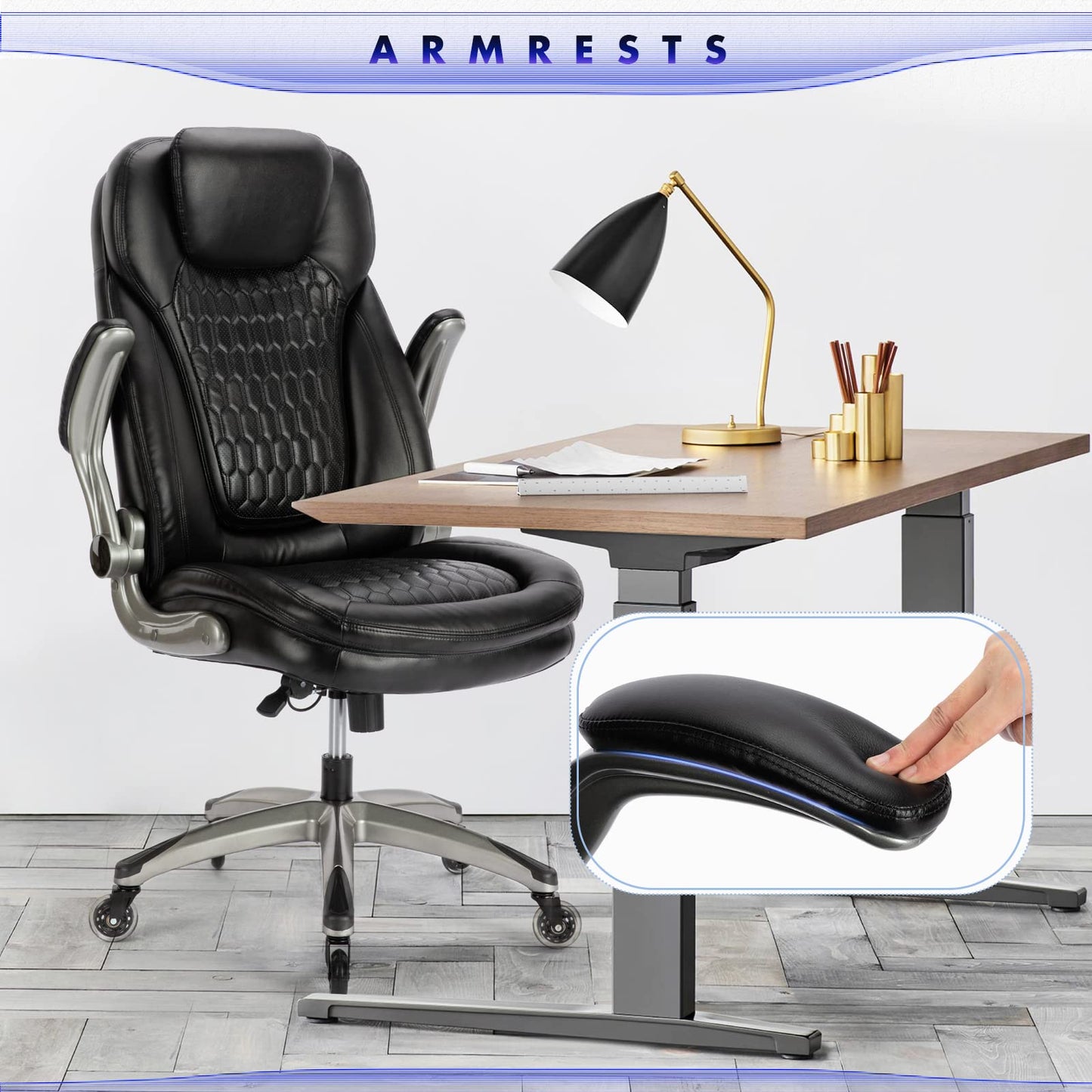Executive Office Chair-Ergonomic Computer Desk Chair, High Back Leather Chair with Padded Flip-up Arms, Swivel Home Office Chair Upgraded Caster-Black
