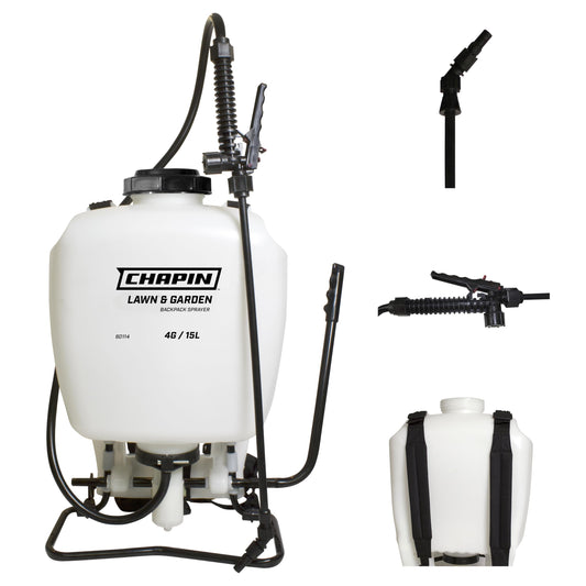 Chapin 60114 Backpack Sprayer, 4‑Gallon Pump Sprayer, Translucent Poly Tank, 3‑Stage Filtration, Adjustable Poly Cone Nozzle & 20" Wand for Lawn & Garden Weed, Pest & Fertilizer Applications