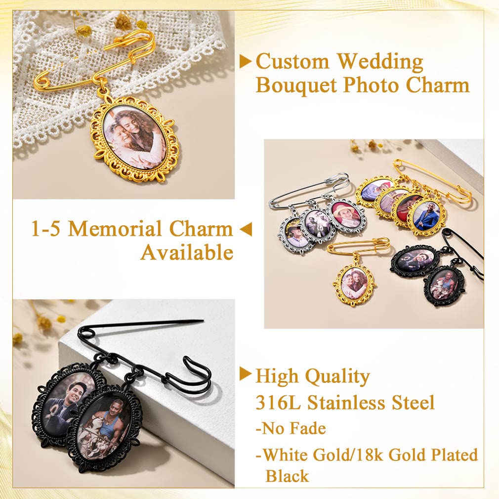 Custom4U Wedding Bouquet Charms Memorial Engraved with 4 Pictures Oval Shaped Memory Photo Charm for Bride Groom Mother Father