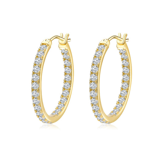RANDES 14K Gold Plated Cubic Zirconia Hoop Earrings Trendy Sterling Silver Post Cretaed Diamond Earrings 26mm Medium Hoop Earring Wedding Jewelry