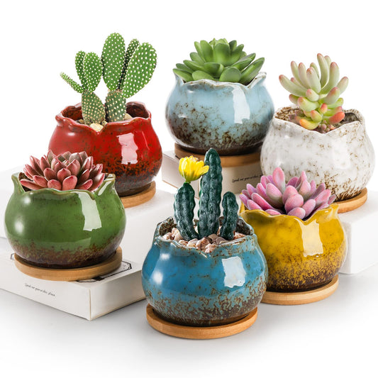 TOPZEA Set of 6 Succulent Plant Pots, 4 Inch Glazed Ceramic Pots with Drainage and Saucer, Mini Bonsai Planter Small Flower Pots for Indoor Outdoor Use