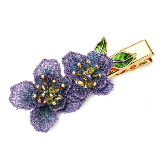 Forget me not Flower Hair Clip for Women, Handmade Embroidered Vintage Plant Claw Clip, SHE'S FREE STYLE JUST FOR YOU Gold Thread Gradient Embroidered Dual Flower Design, Elegant Hair accessory