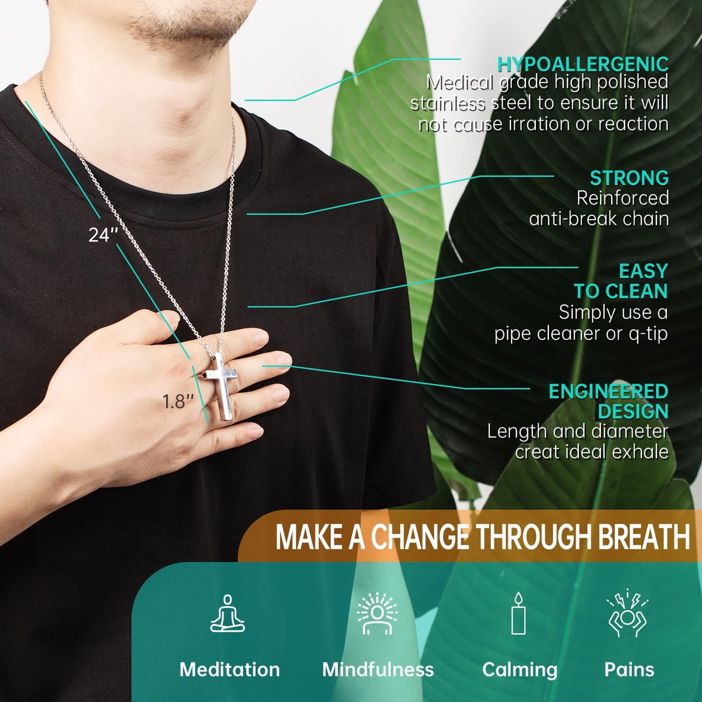 FUNPAR Cross Breathing Necklace for Anxiety, Inspirational Bible Verse Mindfulness Pendant Necklace, Stainless Steel Meditation Breathwork Tool, Anxiety Relief Items for Teens Gift(Black 28: 20)