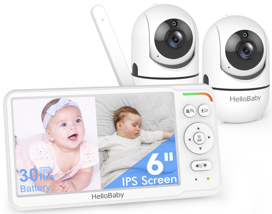 HelloBaby World's First 6" IPS Split Screen Baby Monitor with 2 Cameras - No WiFi, 30hr Battery, 355° Pan-Tilt, Night Vision, 1000ft, Portable Travel Video Audio Monitors with Temp Alert/Lullabies/VOX